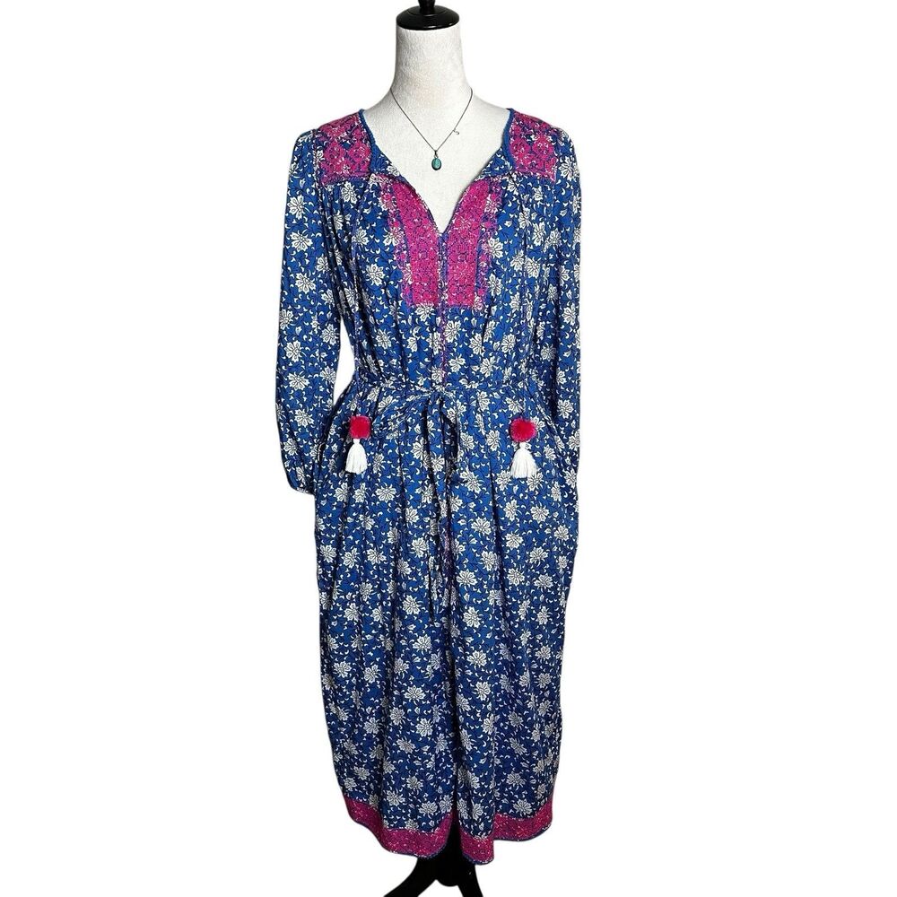 J.Crew Boho Midi Dress Small |‎ Blue Pink Floral Embroidered Tassel Cottagecore